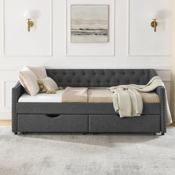Twin Size Daybed with Drawers Upholstered Tufted Sofa Bed, with Button on Back and Copper Nail on Waved Shape Arms(81.5''x4''x30.5'') - Image 7