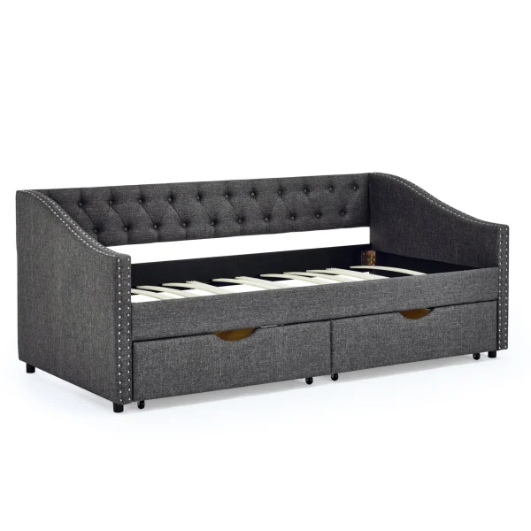 Twin Size Daybed with Drawers Upholstered Tufted Sofa Bed, with Button on Back and Copper Nail on Waved Shape Arms(81.5''x4''x30.5'') - Image 11